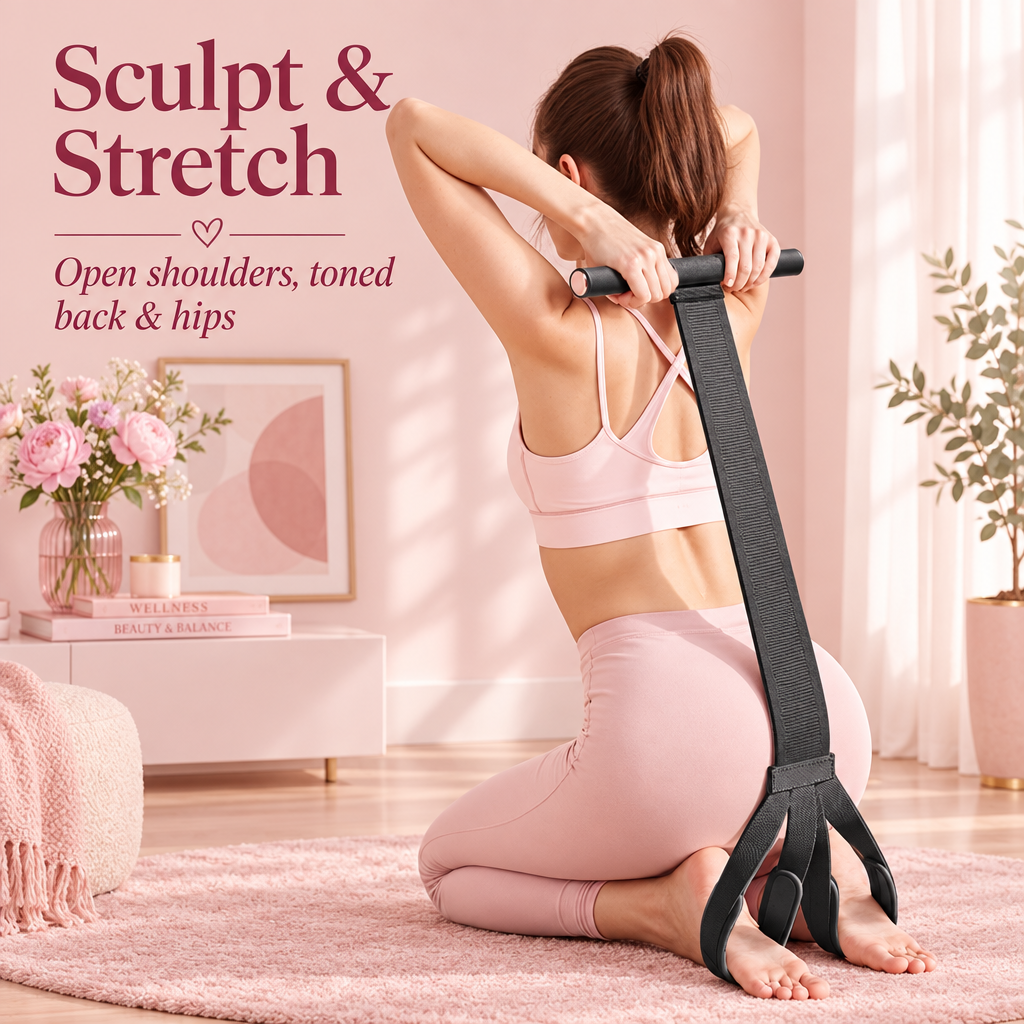 Pink restyled kneeling back stretch with the strap